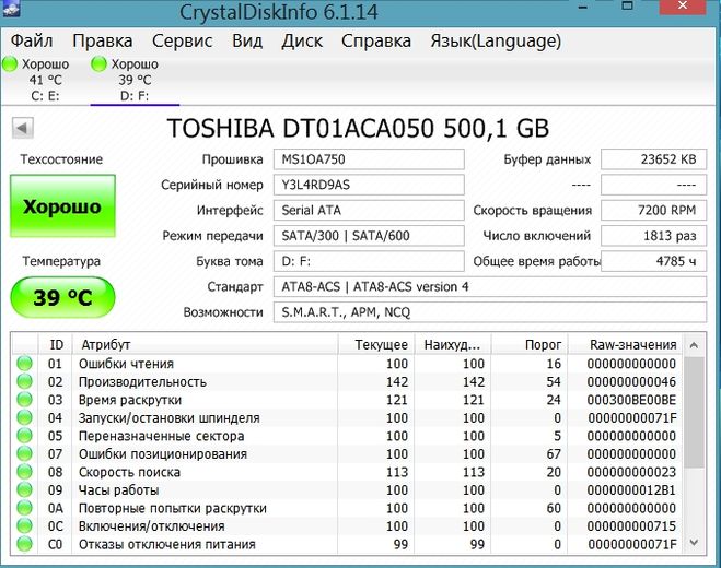 Параметры винчестера Toshiba.