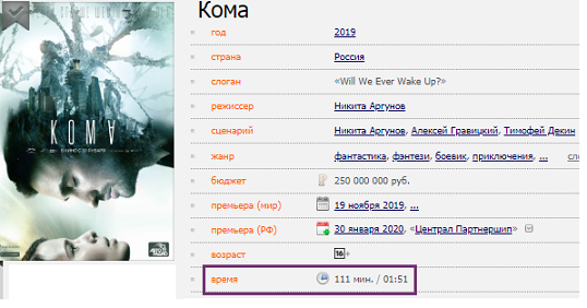 фильм Кома сколько идет по времени