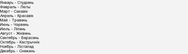 Старорусские названия месяцев. Октябрь на бел мове. Белорусские словарные слова. Названия дней недели по белорусскому. Месяца на украинском и русском языках.