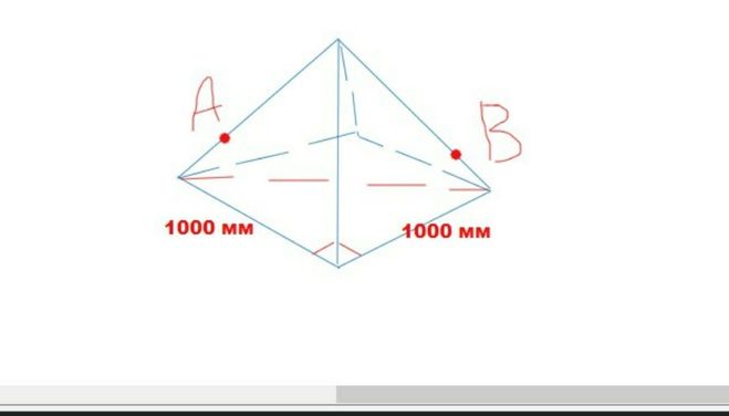 Красным выделена прямая от ребра с точкой А к противоположному (с точкой В)
